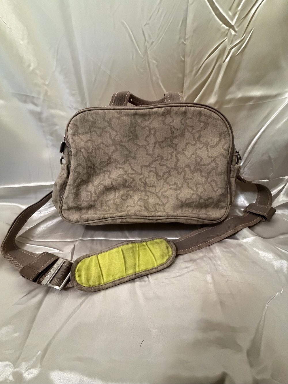 TOUS Bear Monogram Diaper Bag Messenger Shoulder Bag w/ Changing Mat Beige Taupe